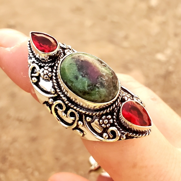 New Huge Ruby Zoisite and Garnet 925 Silver Statement Ring. - Picture 8 of 16